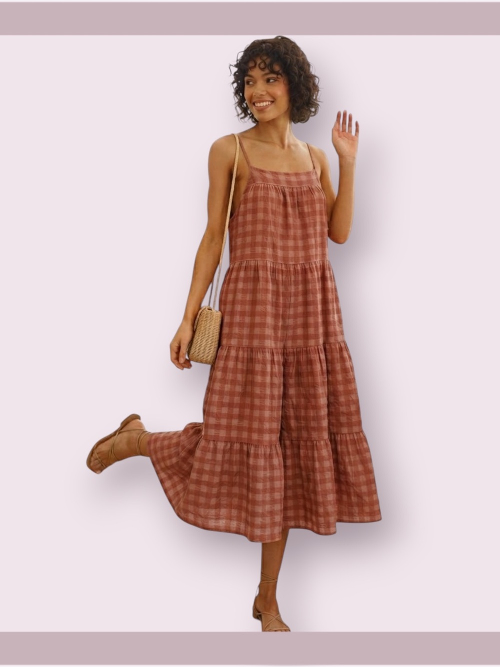 Storia Tiered Cropped Rust Gingham Cotton Gauze Jumpsuit